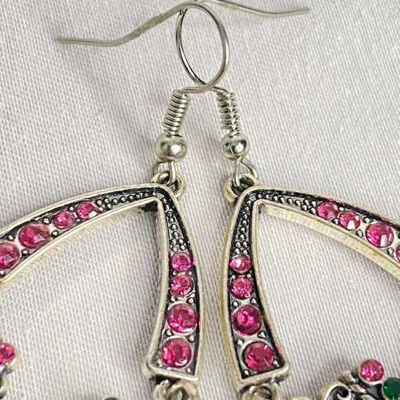 Silver Tone Articulated Earrings Ornate Pattern Pink Black Rhinestones Pierced - Picture 4 of 8